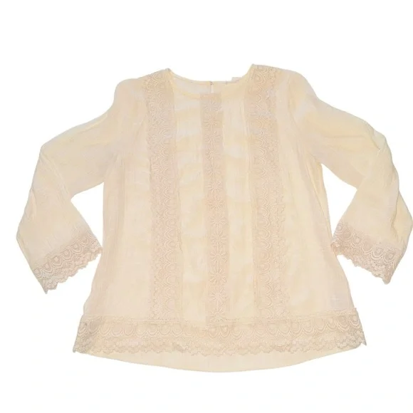 FSL + Apparel Ivory Lace Trim Boho Blouse Sz L Cottagecore Romantic Rayon Top - Picture 2 of 11